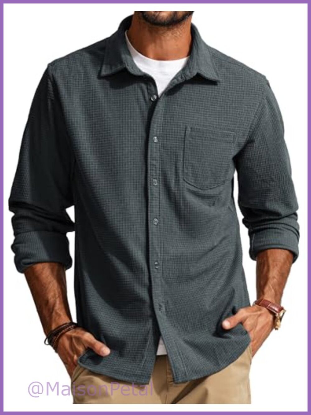 Men's Button Down Waffle Shirt Long Sleeve Casual Wrinkle Free